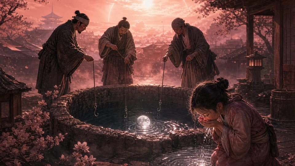 Three merchants lowering hooks toward a moonlit well as a drinking child scatters its reflection