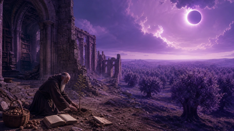 An old scholar planting walnuts as an orchard grows through a weathered library