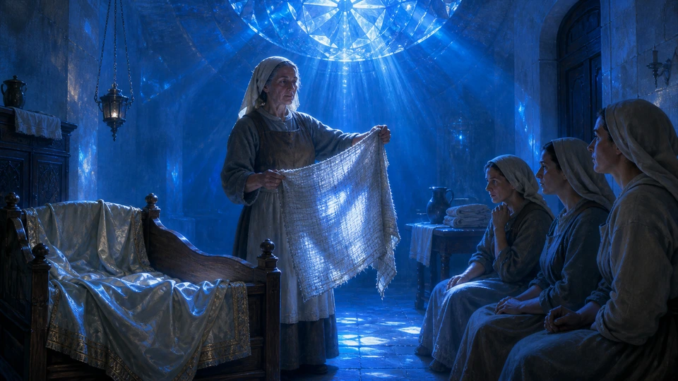 A midwife safely holding a swaddled newborn in linen beside a silk-adorned cradle