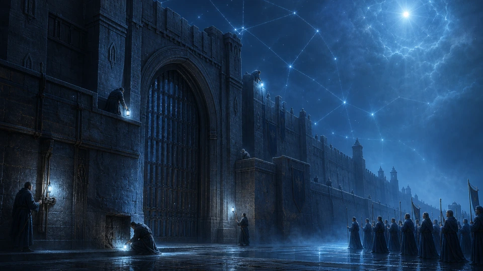 Wardens inspecting the complete luminous circumference of a closed gate while singers wait