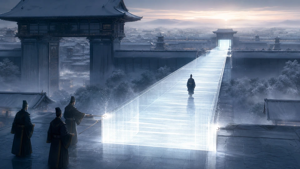 A lone witness crossing a luminous causeway toward a distant tribunal as wardens tend four signals