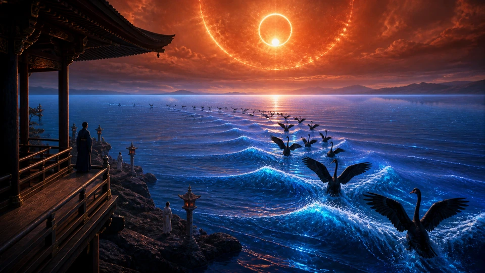 Black swans raising luminous first waves across a still ocean beneath a copper sky