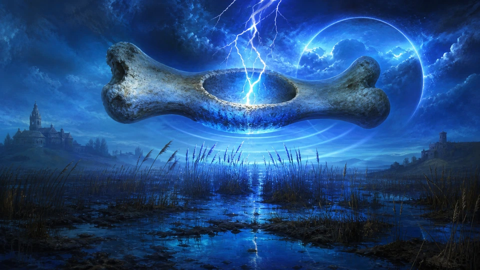 A hollow bone answering blue lightning in a dark marsh beneath amber celestial geometry