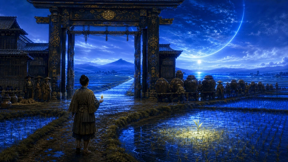 A traveler bearing one luminous seed and a caravan of jars welcomed at the same harvest gate