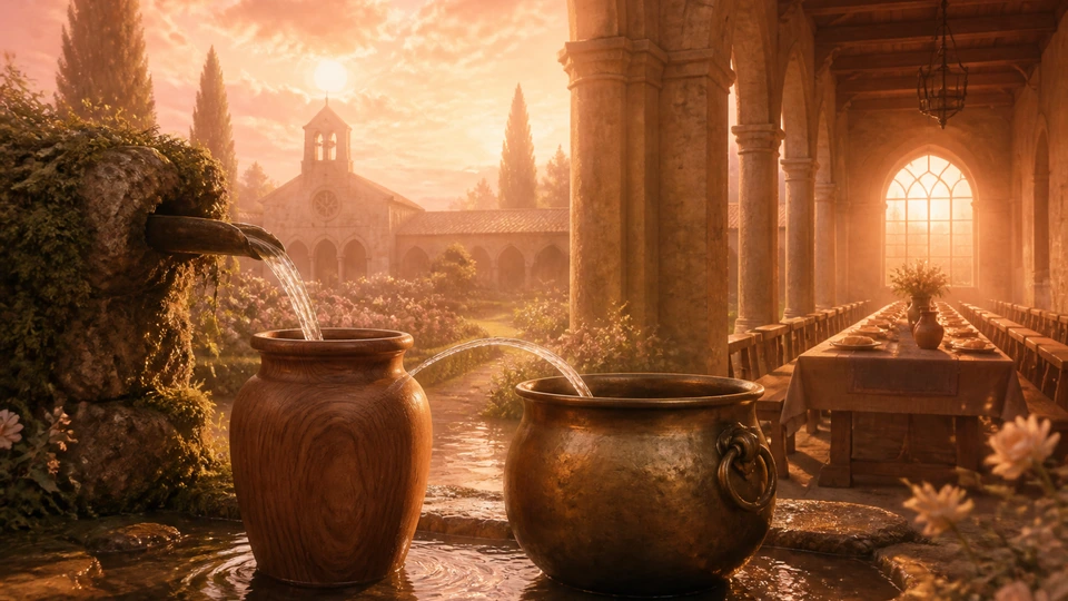 Cedar and bronze vessels receiving water from one luminous spring in a sunset pavilion