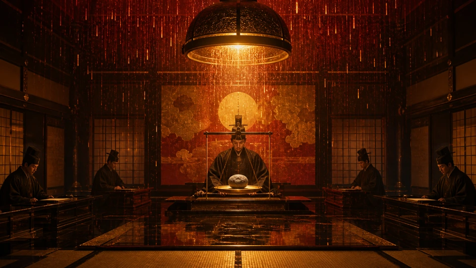 A plain stone weighed on a bronze balance beneath a luminous judicial lamp