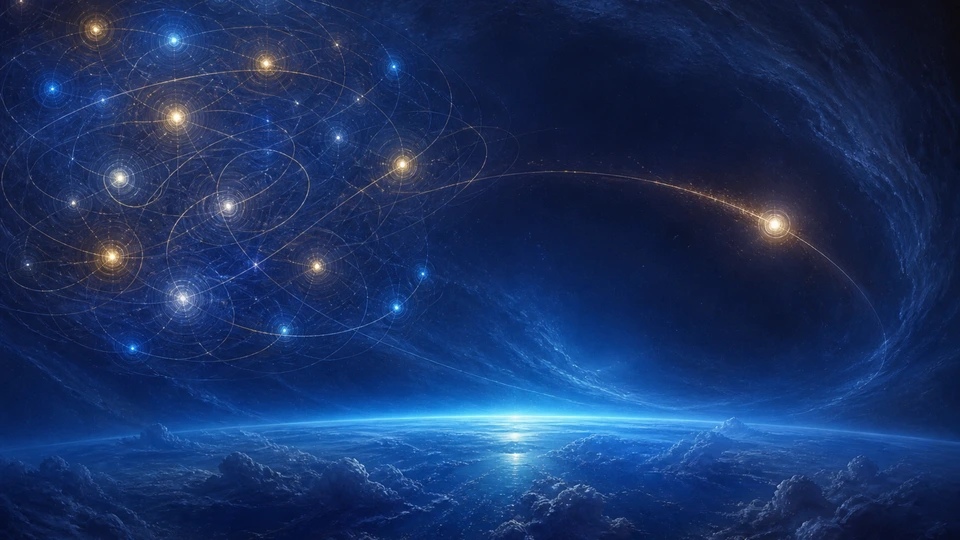 One wandering light departing a crowded field of luminous celestial orbits into open space