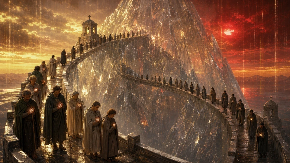 Two opposed processions crossing a glass mountain while pilgrims bear matching left-hand bandages