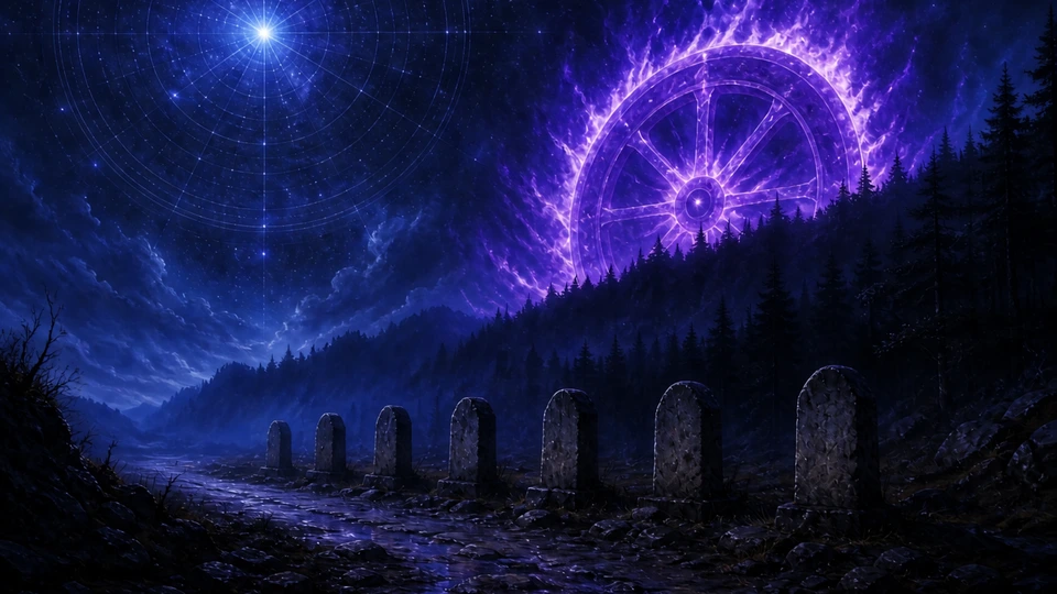 Seven abandoned milestones awakening beneath a violet fire wheel before the silhouette of a future city