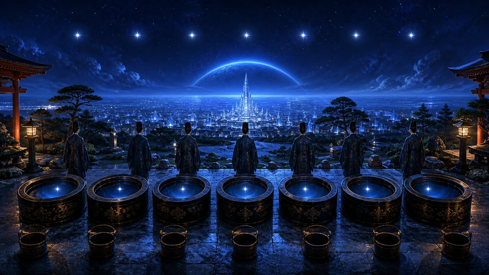 Seven stars reflected in seven luminous wells before observers in a glass city at dawn