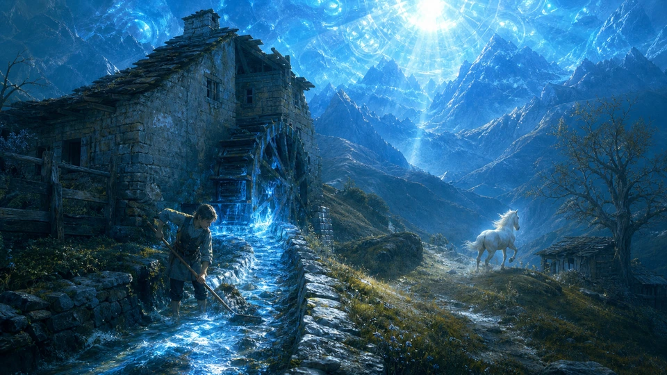 A child clearing a luminous mill channel while a white horse departs and warm grain falls