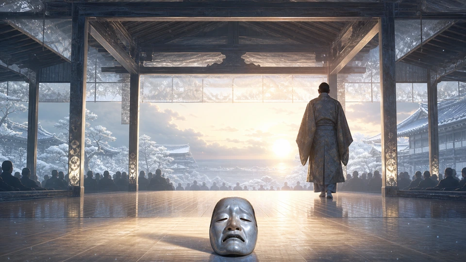 A silver sorrow-mask resting beneath a fading stage light as its actor departs into dawn