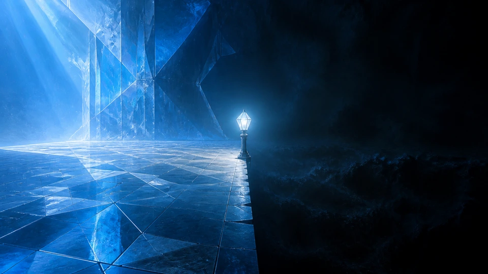 A luminous measured causeway ending at one final lamp before the road continues into darkness