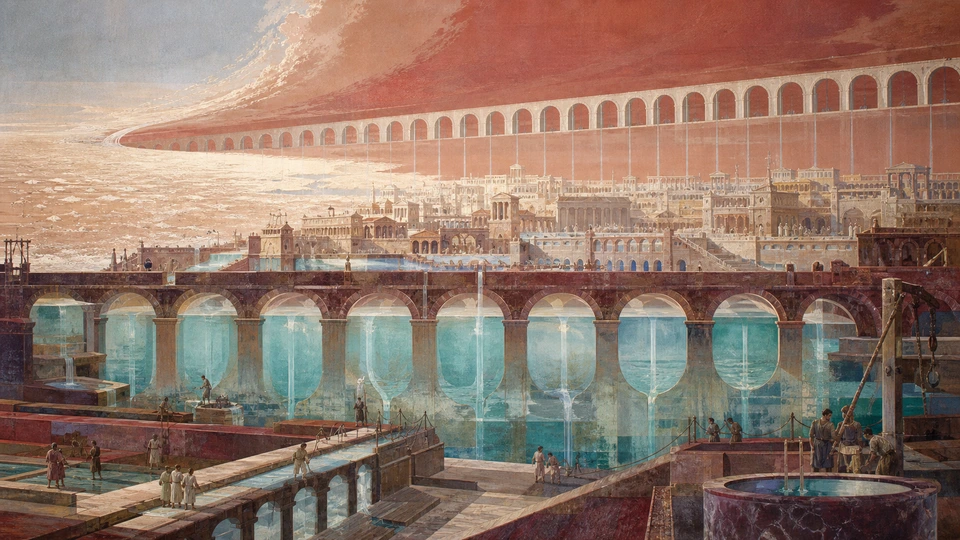 A restored aqueduct governing luminous cisterns beneath a city and dry western sea