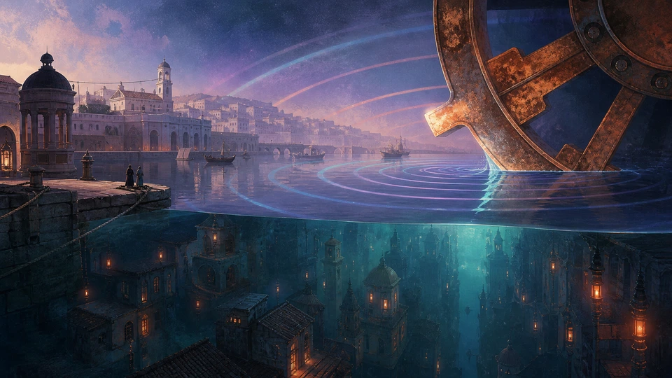 A monumental copper tide-clock opening the harbor into a luminous drowned quarter