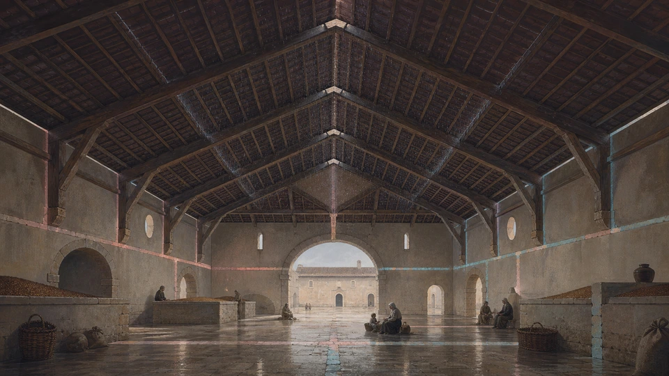 A restored granary sheltering its inhabitants beneath rafters that remember silver rain