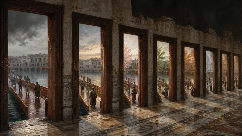 Nine open court thresholds leading through different seasons to one bronze bridge