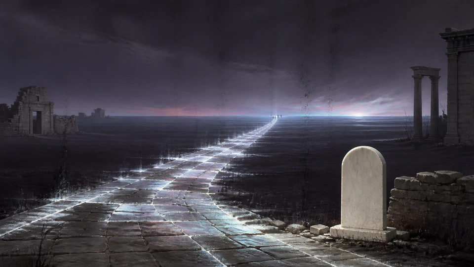 A blank ivory milestone beside a luminous road crossing an absent province
