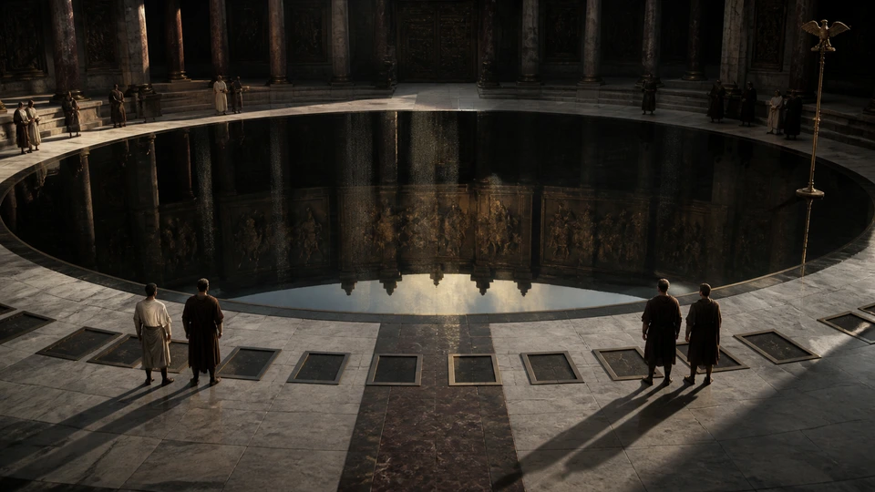 Silent witnesses surrounding a black basin that reflects conquest and an absent dawn