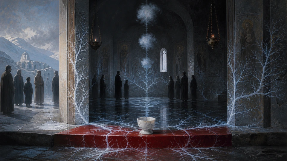 A cracked alabaster chalice sending frost through a threshold between a waiting household and choir