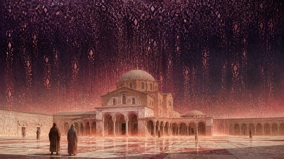 Witnesses standing uncovered before a rose-lit basilica as luminous rain rises into the sky