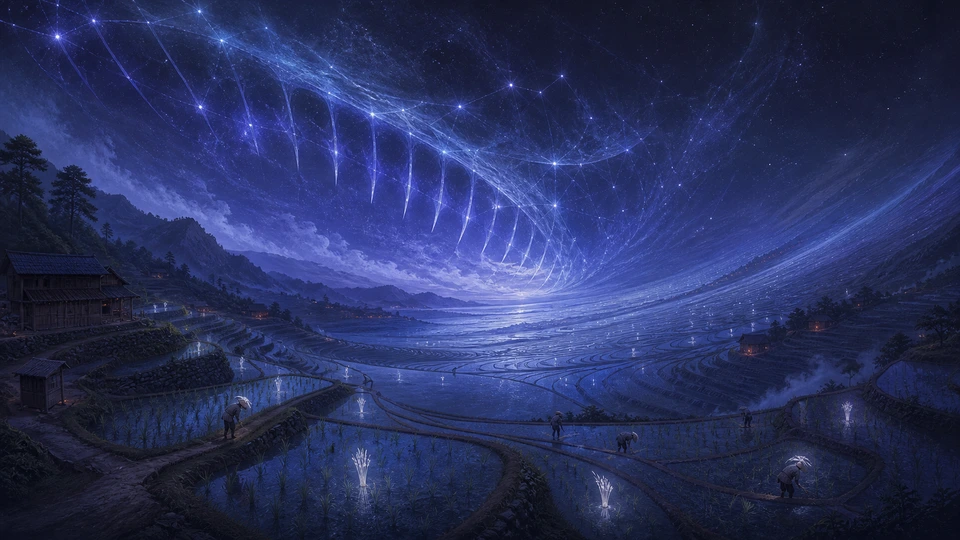 The blue Harrow constellation touching flooded terraces bearing silver rice