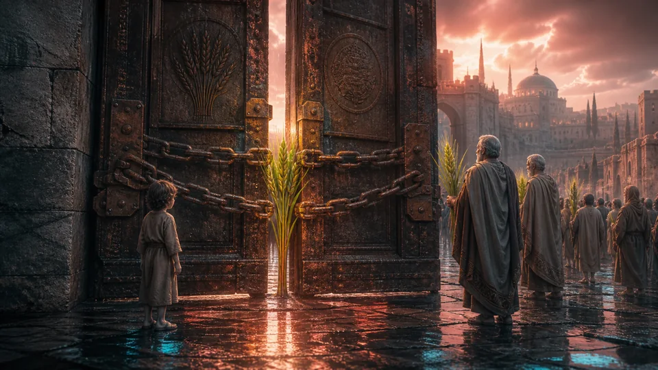 Green wheat springing through the hinges of a chained western gate at rose-gold dawn