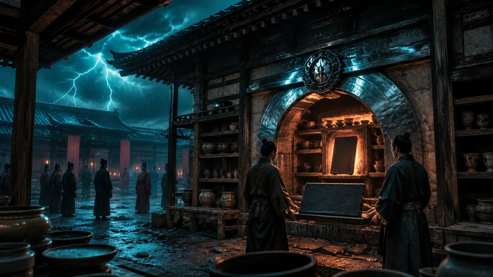 A clay covenant tablet enduring a public kiln among household vessels beneath cyan stormlight
