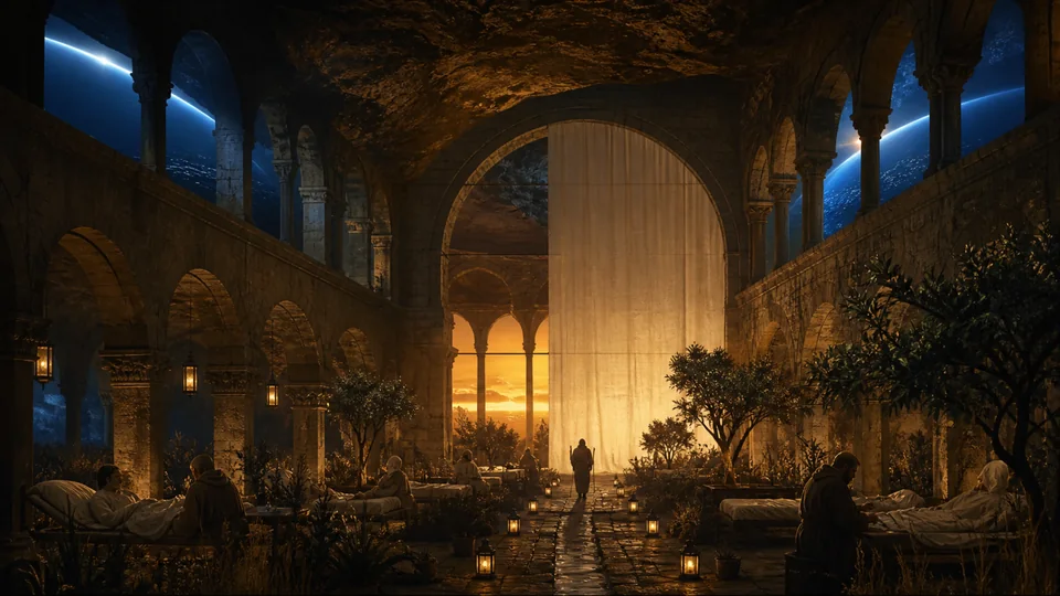 A linen veil dividing an amber horizon within a cobalt-lit underground cloister