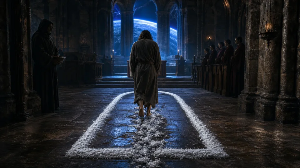 A barefoot penitent crossing a broken salt threshold in a cobalt-lit chapel