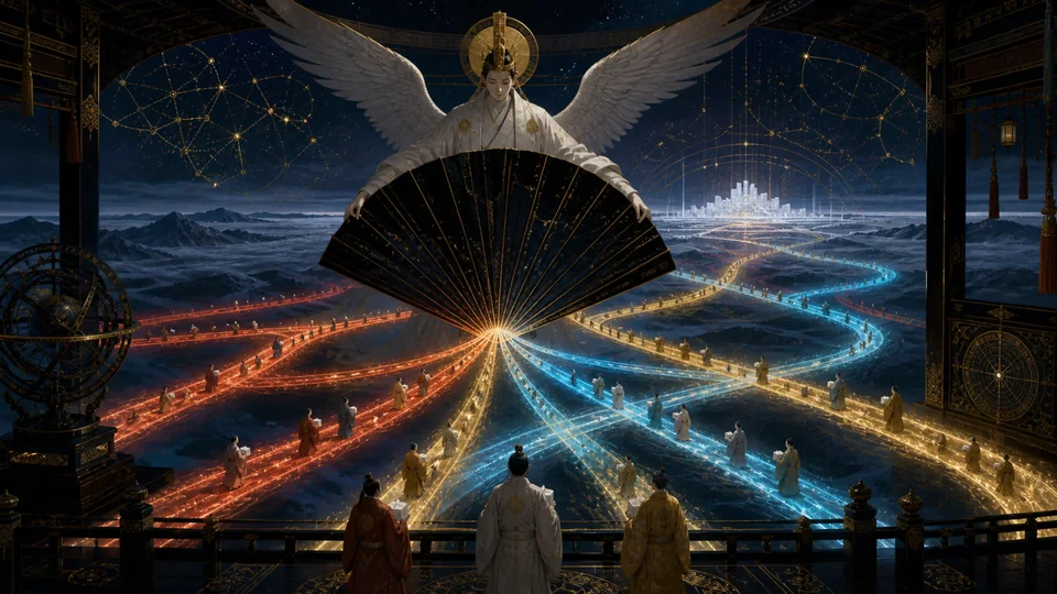 An angel unfolding a black fan above separate luminous roads leading toward an unbuilt city