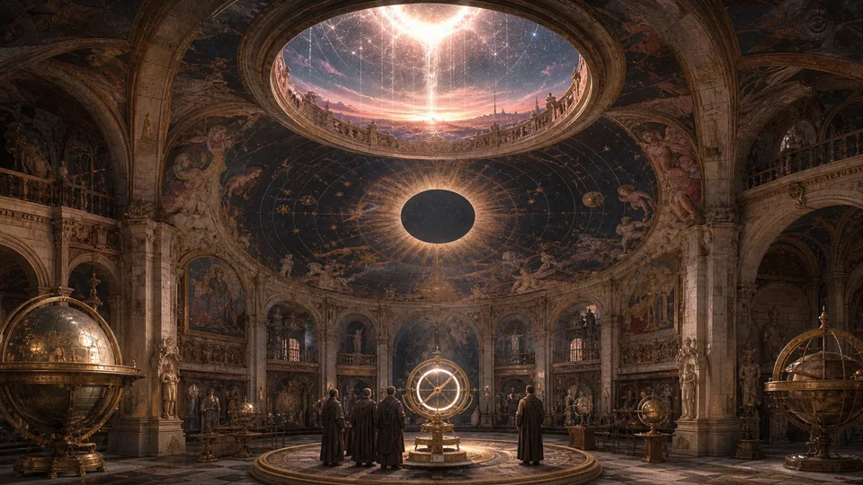 Astronomers beneath a painted eclipse and an open rose-gold heaven in an imperial archive