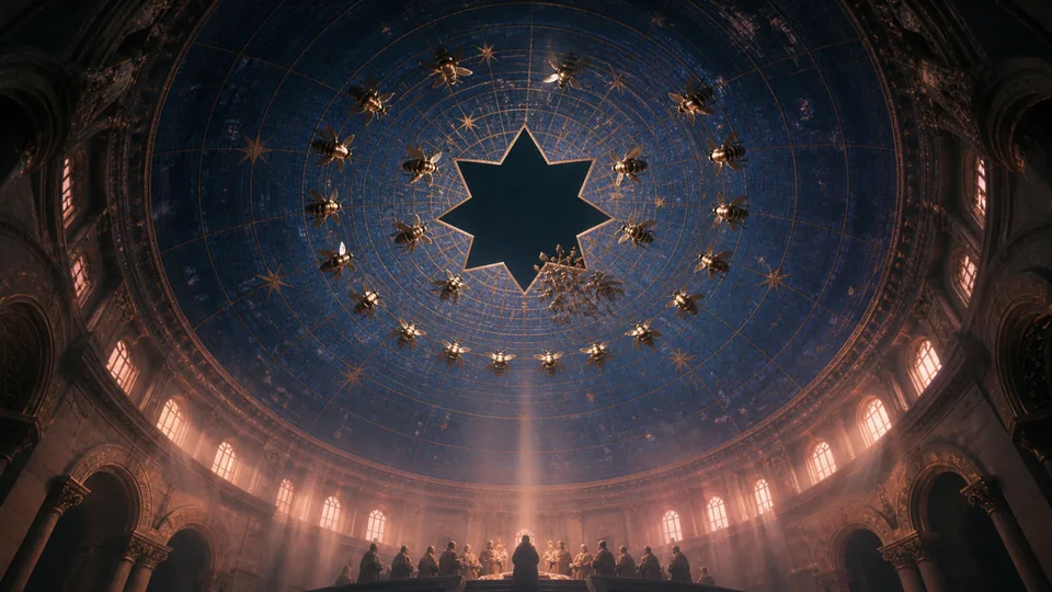 Bronze bees circling an unfilled star-shaped place in a blue cupola mosaic